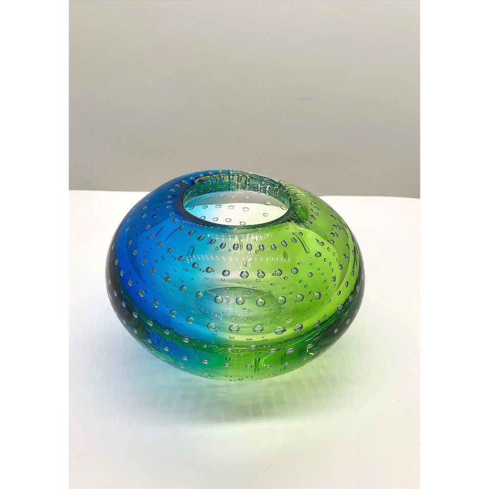 Art Glass Controlled Bubble Bullicante Vase Blue Green Ombre Round 3.25" x 5"